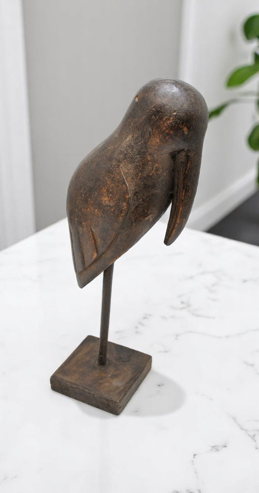 Vintage Wooden Bird Figurine on Stand Original Old Hand Carved