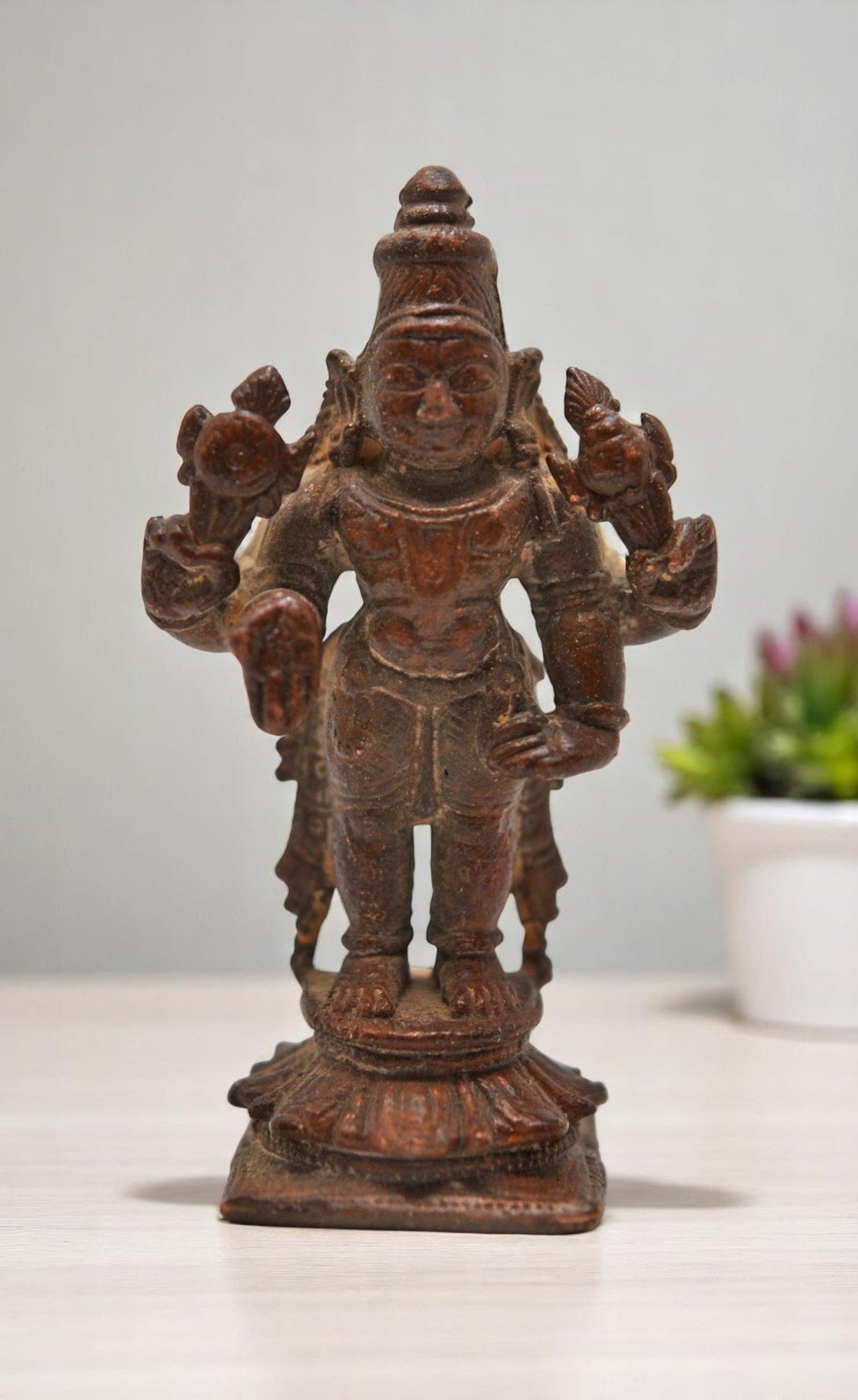 Antique Copper God Vishnu Idol Figurine Original Old Hand Crafted Fine Engraved
