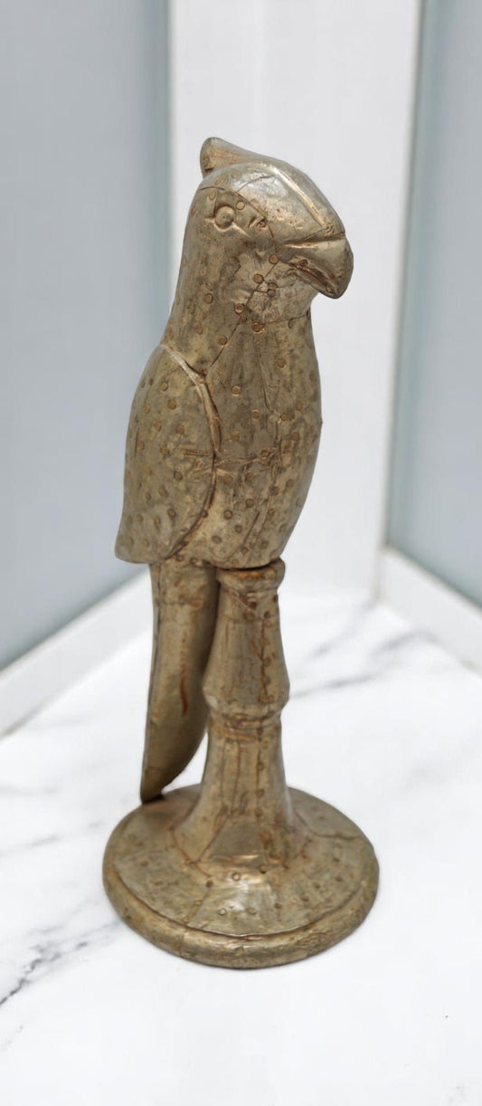 Vintage Wooden Parrot Bird Figurine Original Old Hand Carved White Metal Fitted