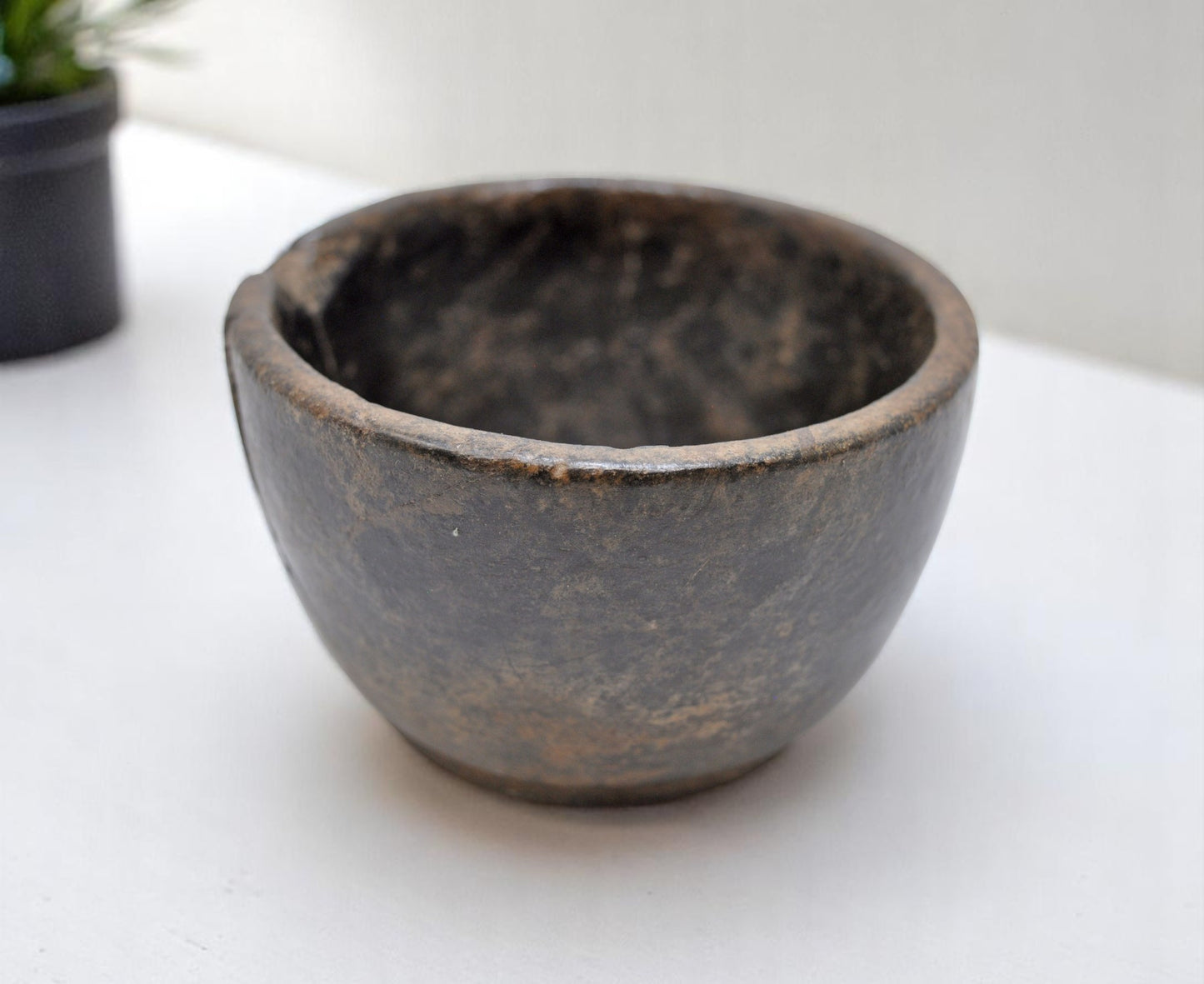 Antique Black Stone Small Round Bowl Original Old Hand Carved