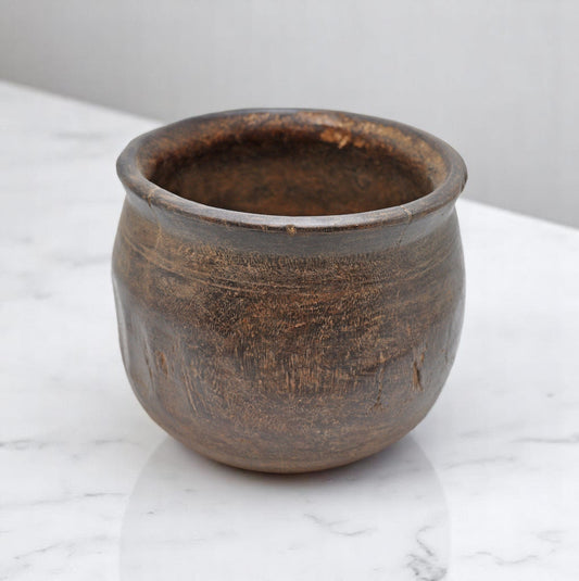 Antique Wooden Round Grain Measurement Pot Original Old Hand Carved