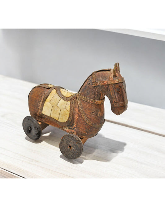 Vintage Wooden Horse on Wheels Figurine Original Old Hand Carved