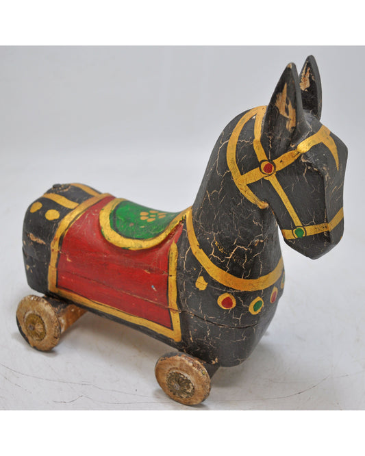 Hand Carved Wooden Horse on Wheels Figurine Spice Box Fine Hand Painted