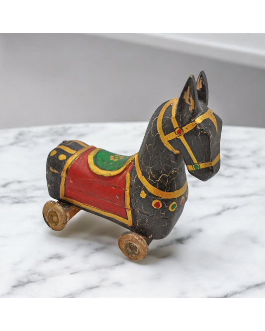 Hand Carved Wooden Horse on Wheels Figurine Spice Box Fine Hand Painted