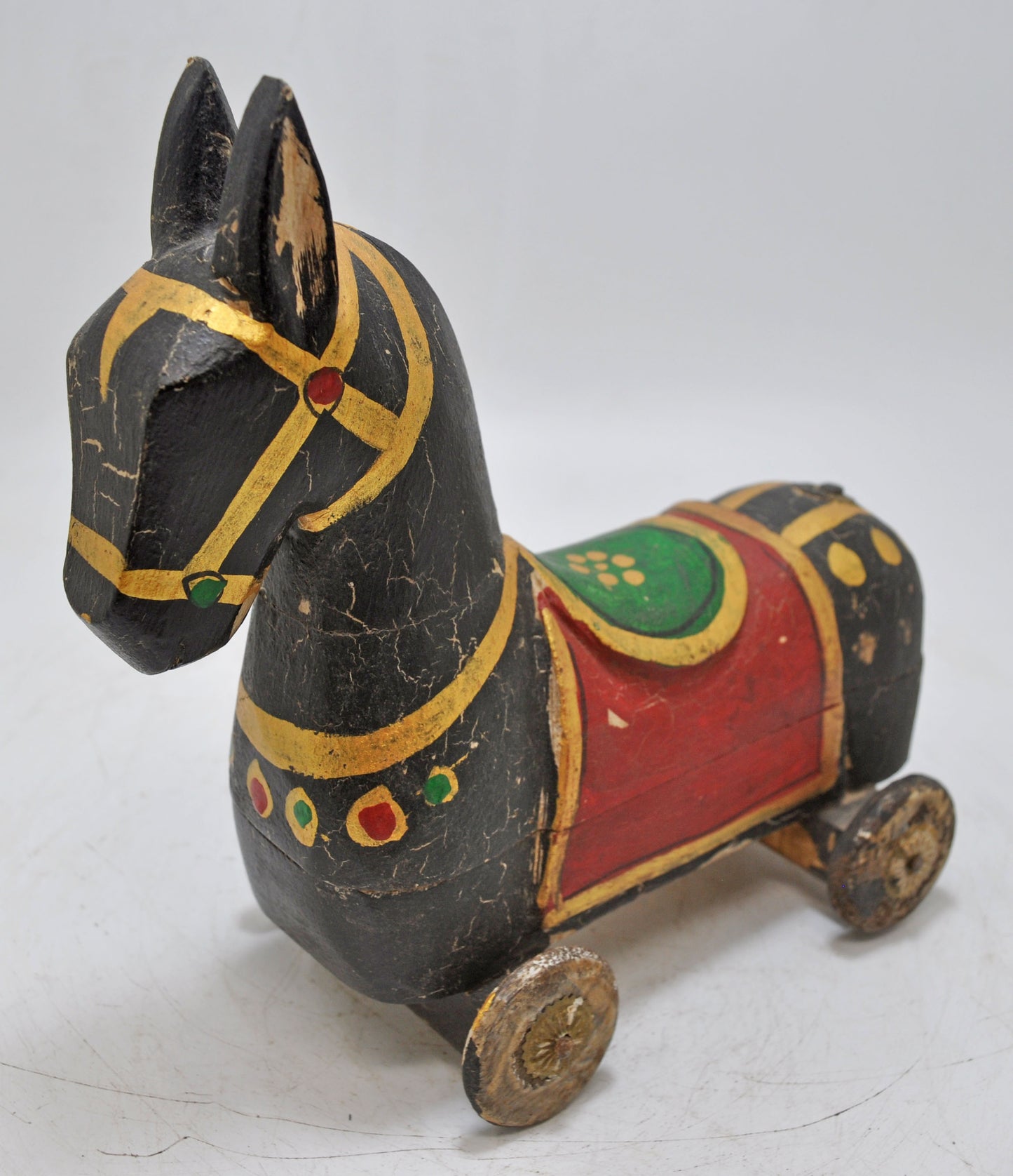Hand Carved Wooden Horse on Wheels Figurine Spice Box Fine Hand Painted