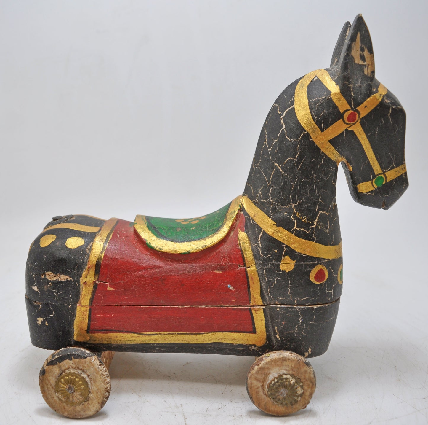 Hand Carved Wooden Horse on Wheels Figurine Spice Box Fine Hand Painted