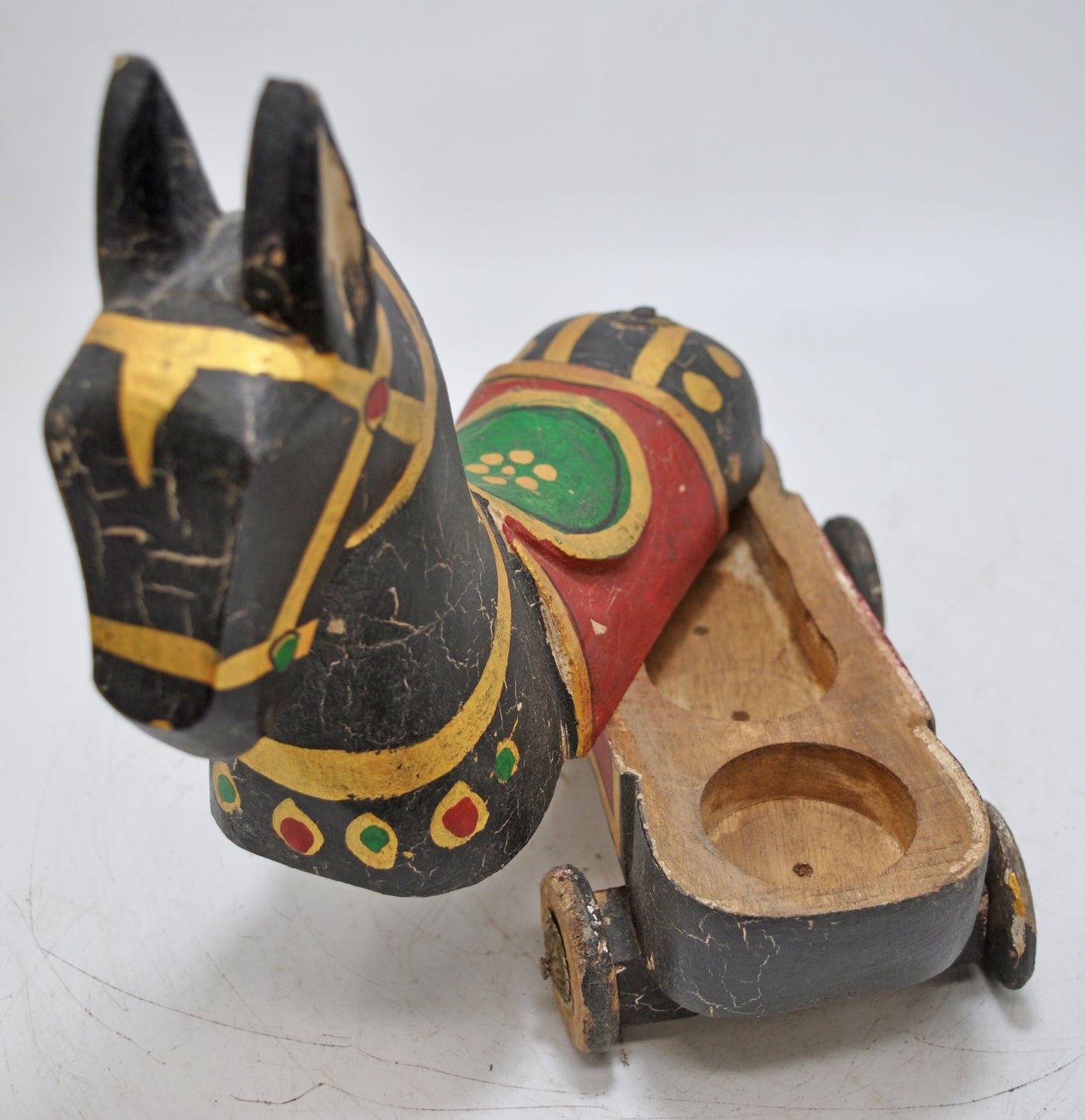 Hand Carved Wooden Horse on Wheels Figurine Spice Box Fine Hand Painted
