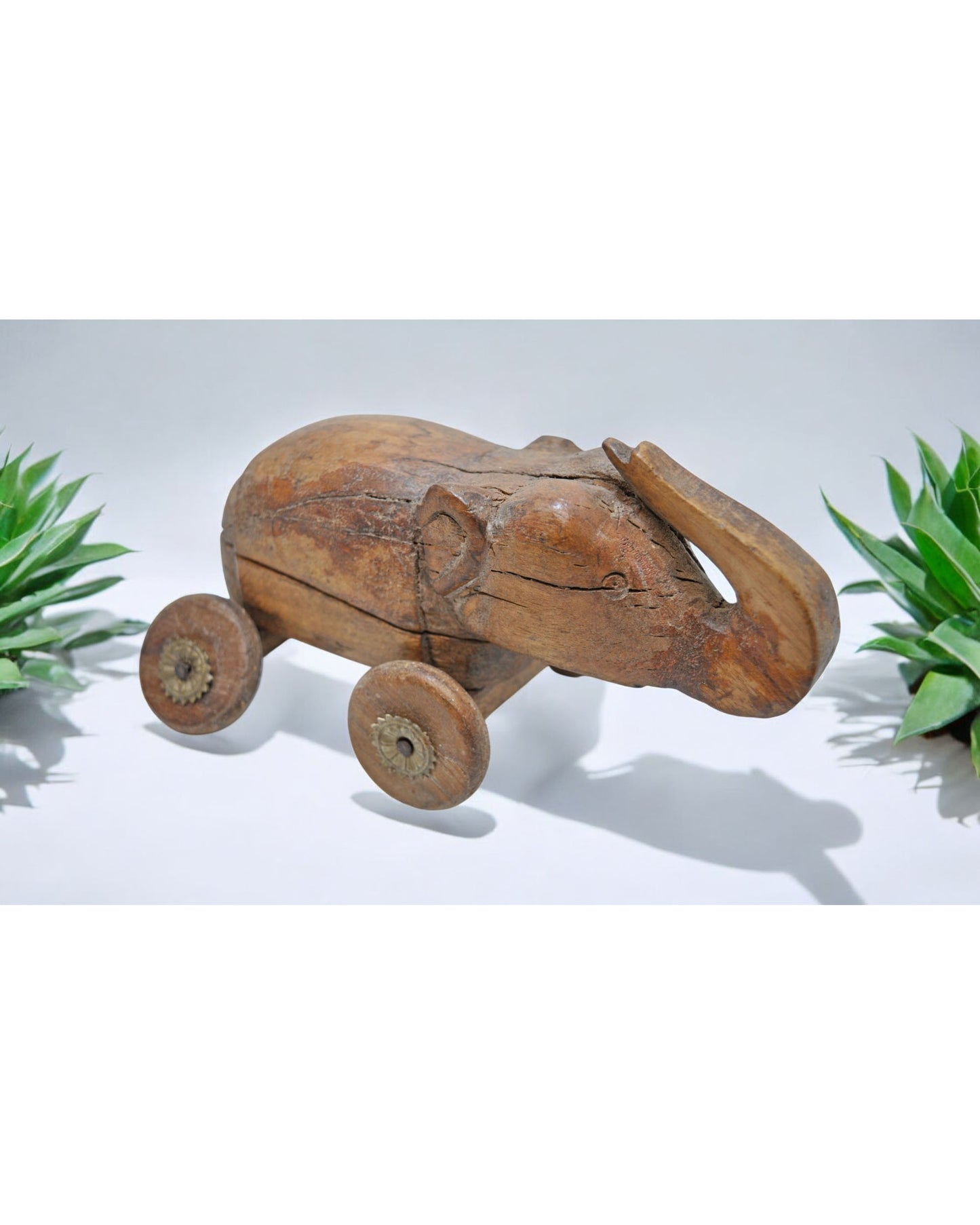 Vintage Wooden Elephant on Wheels Figurine Spice Box Original Old Hand Carved