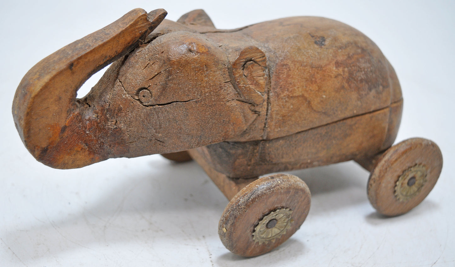 Vintage Wooden Elephant on Wheels Figurine Spice Box Original Old Hand Carved
