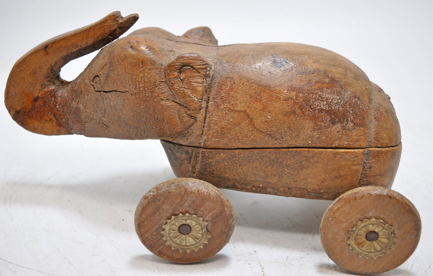 Vintage Wooden Elephant on Wheels Figurine Spice Box Original Old Hand Carved