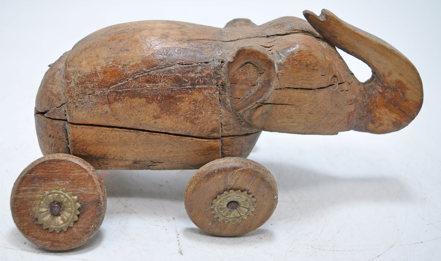 Vintage Wooden Elephant on Wheels Figurine Spice Box Original Old Hand Carved