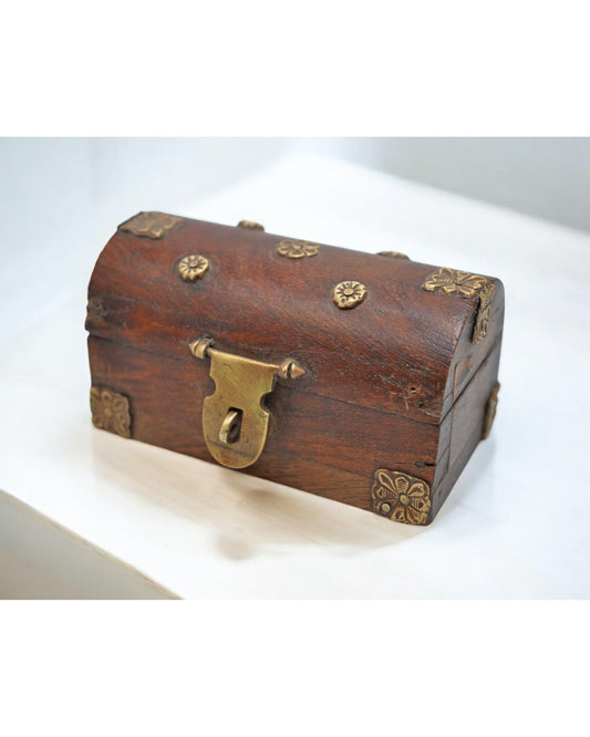 Vintage Wooden Small Half Round Jewellery Box Original Old Brass Fitted