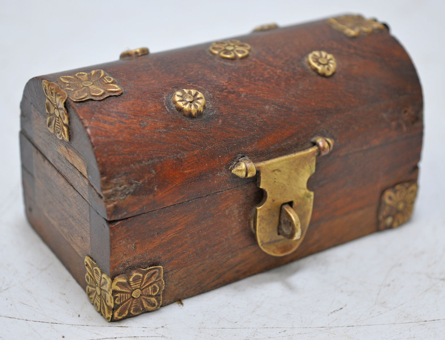 Vintage Wooden Small Half Round Jewellery Box Original Old Brass Fitted