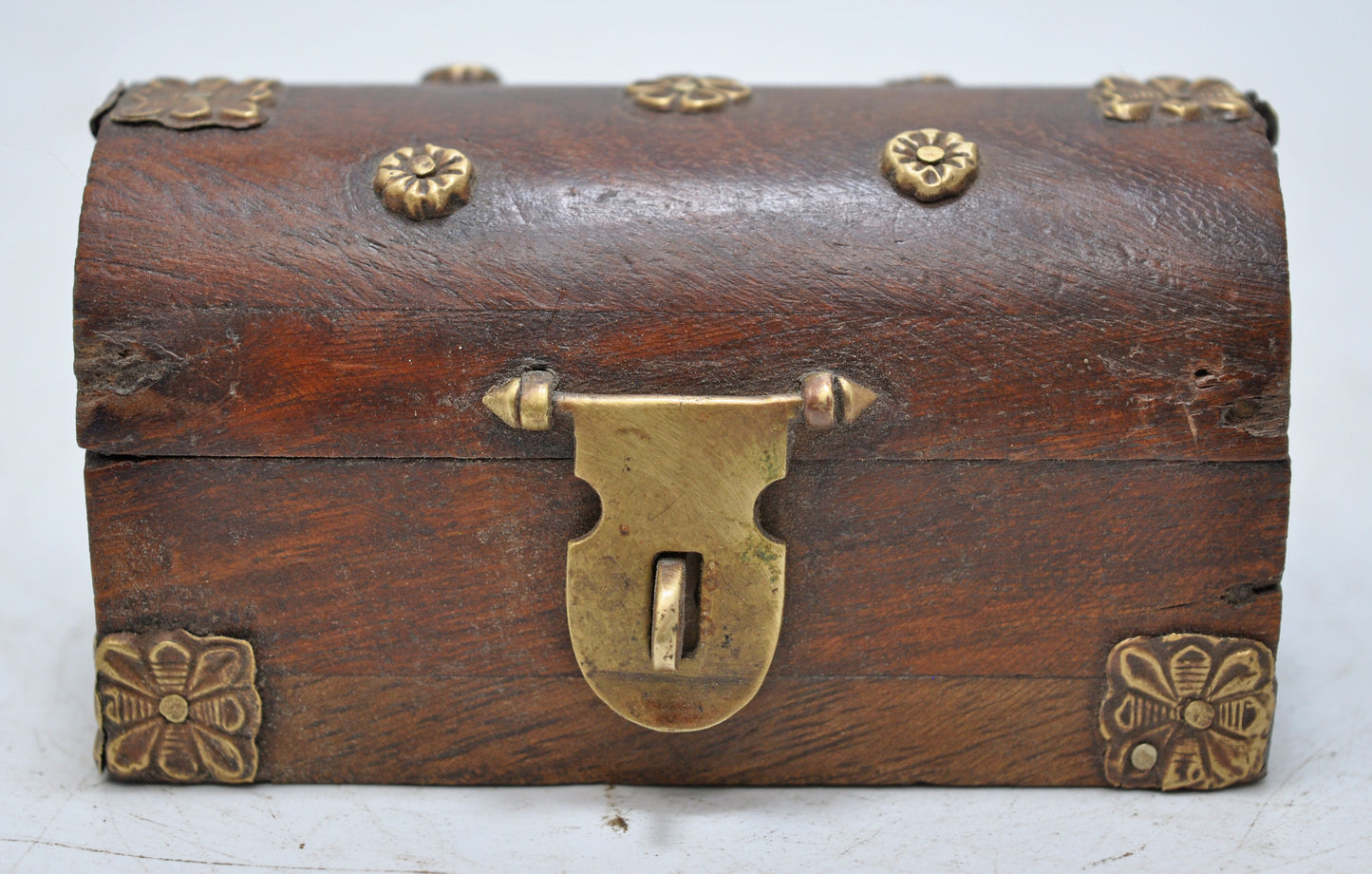 Vintage Wooden Small Half Round Jewellery Box Original Old Brass Fitted