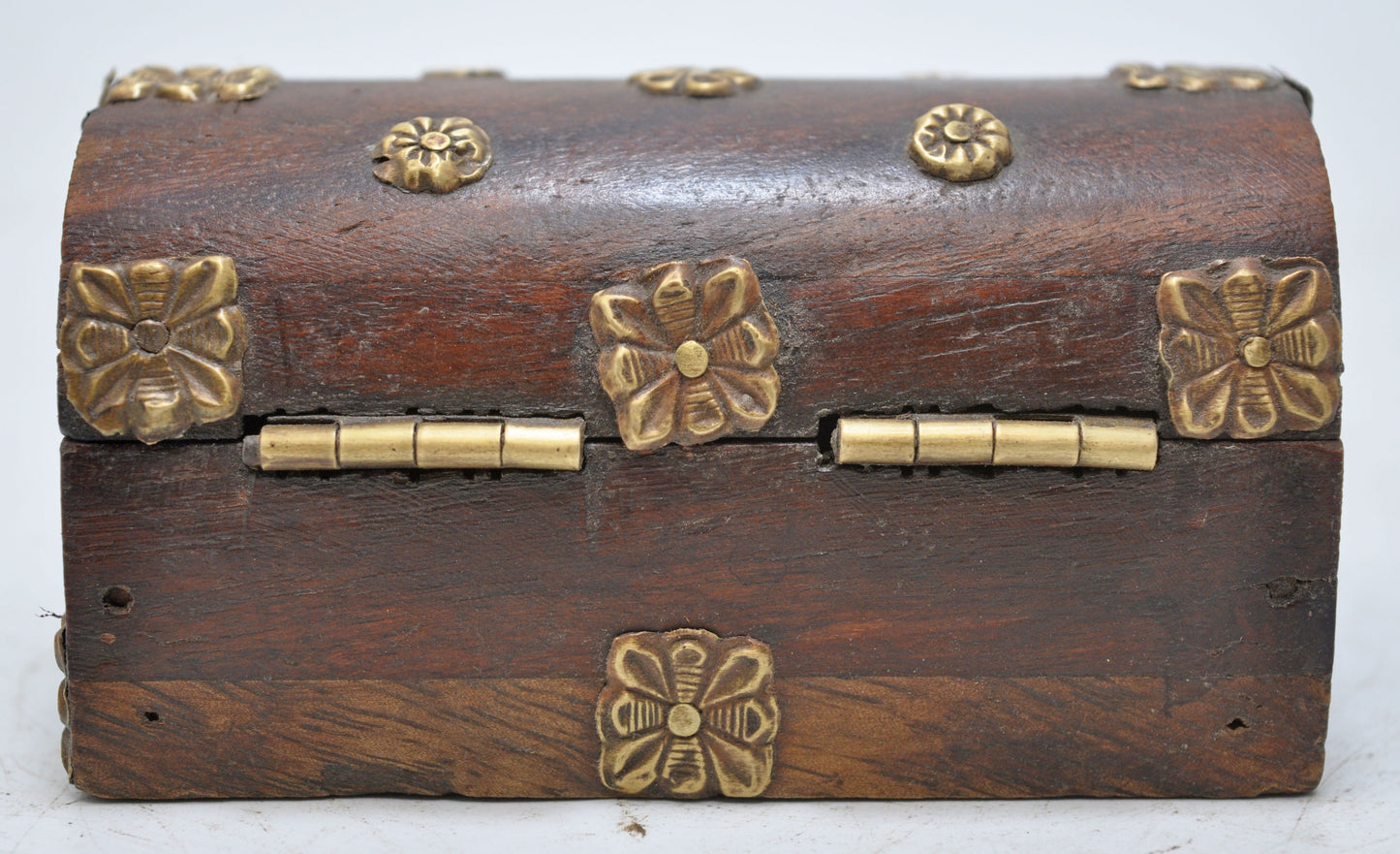 Vintage Wooden Small Half Round Jewellery Box Original Old Brass Fitted