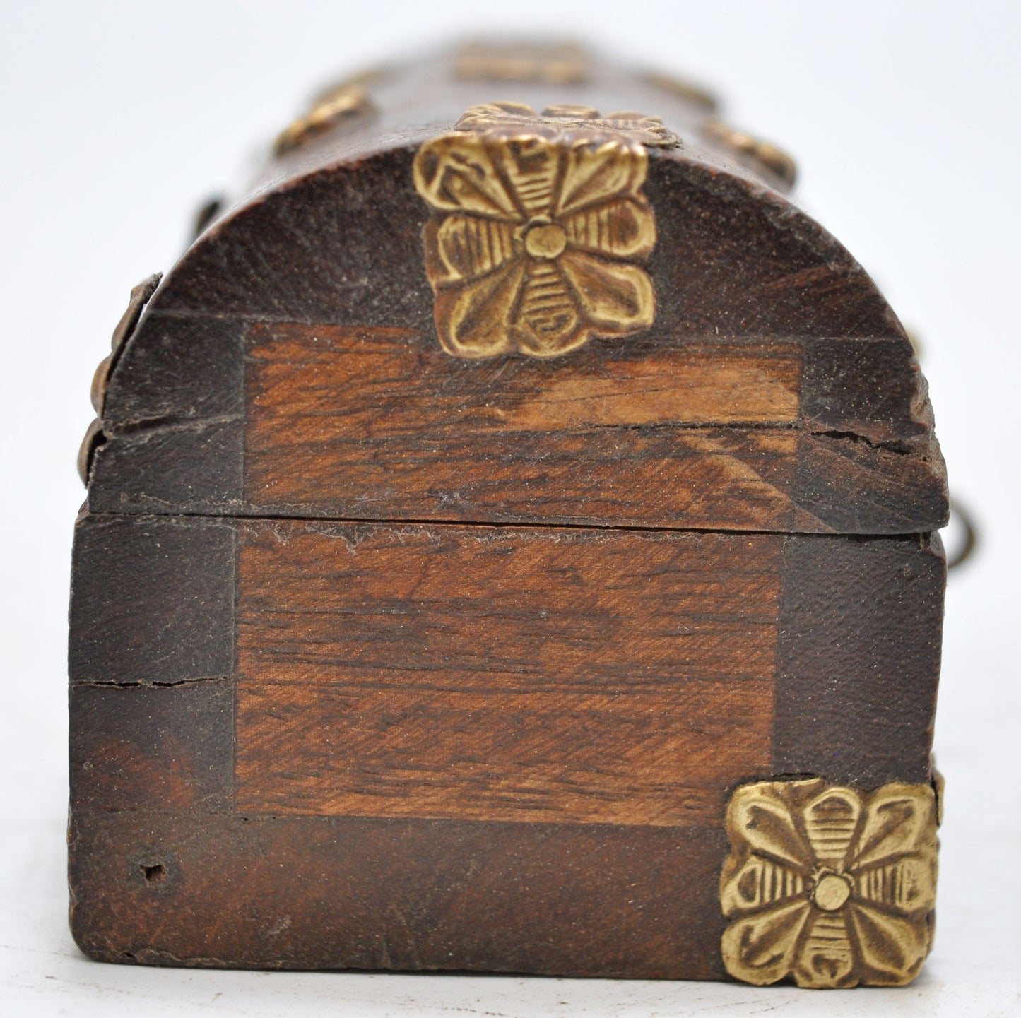 Vintage Wooden Small Half Round Jewellery Box Original Old Brass Fitted