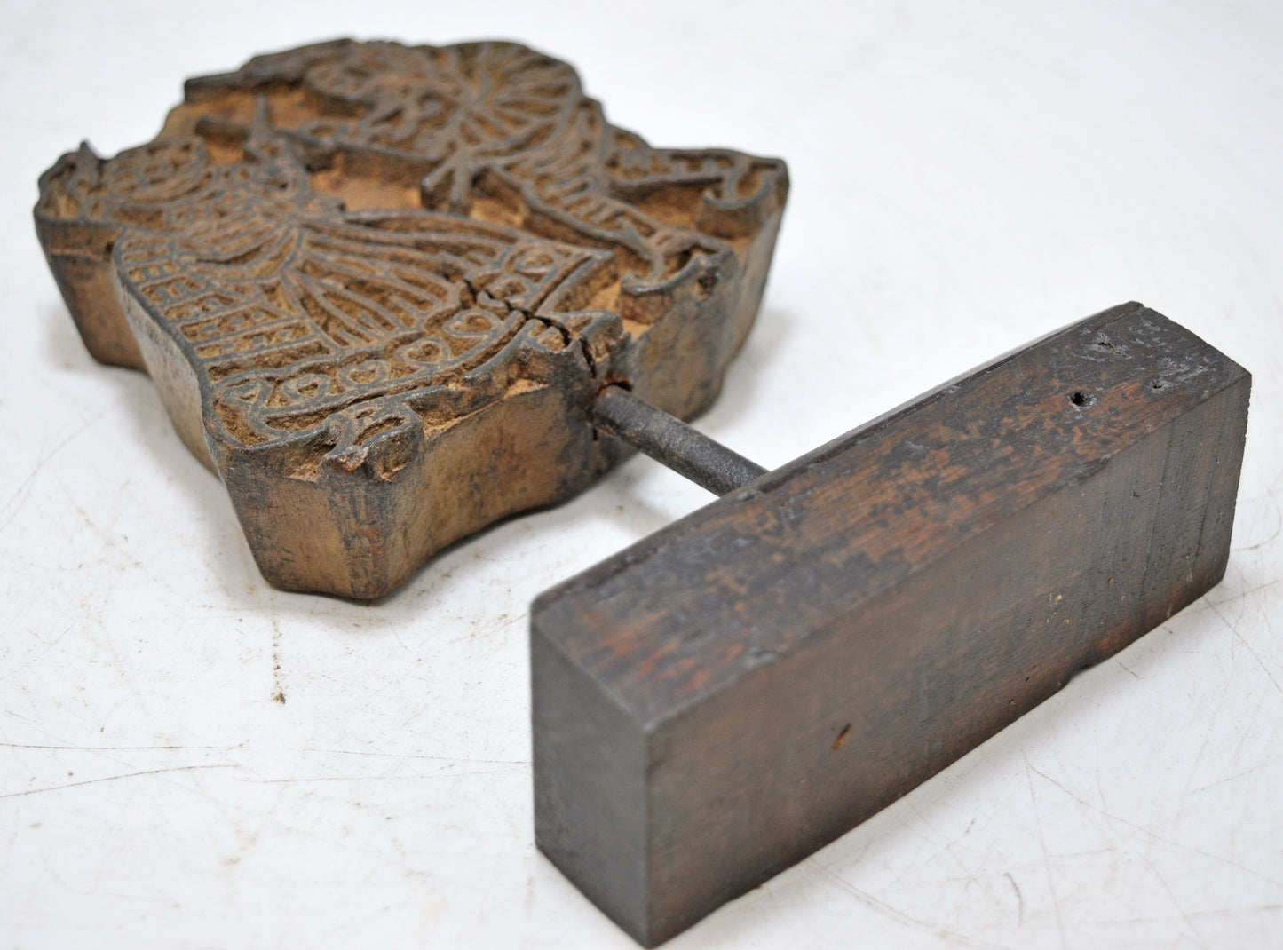 Antique Wooden Textile Printing Block Carving on Stand Original Old Fine Hand Carved
