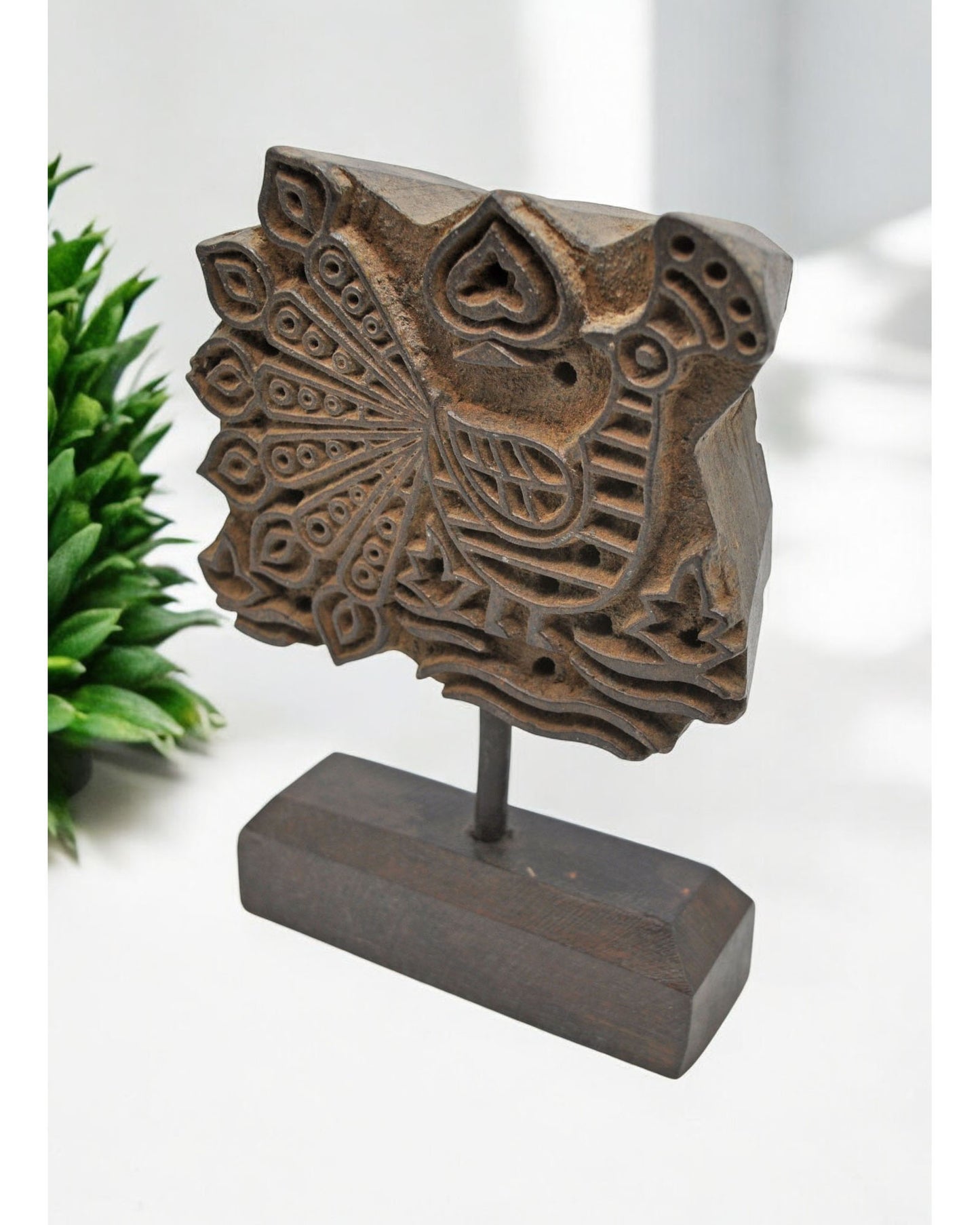 Antique Wooden Textile Printing Block Carving on Stand Original Old Fine Hand Carved