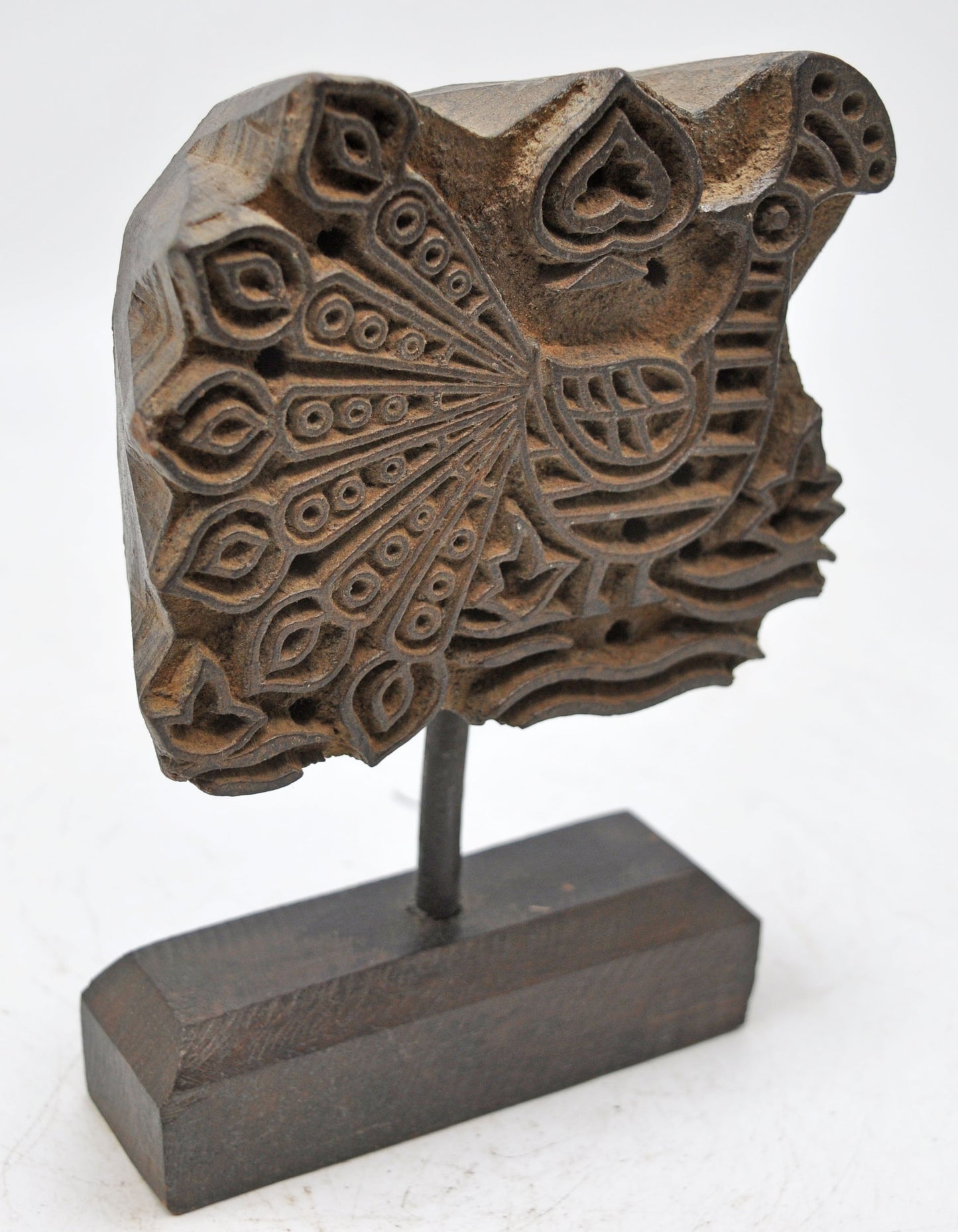 Antique Wooden Textile Printing Block Carving on Stand Original Old Fine Hand Carved