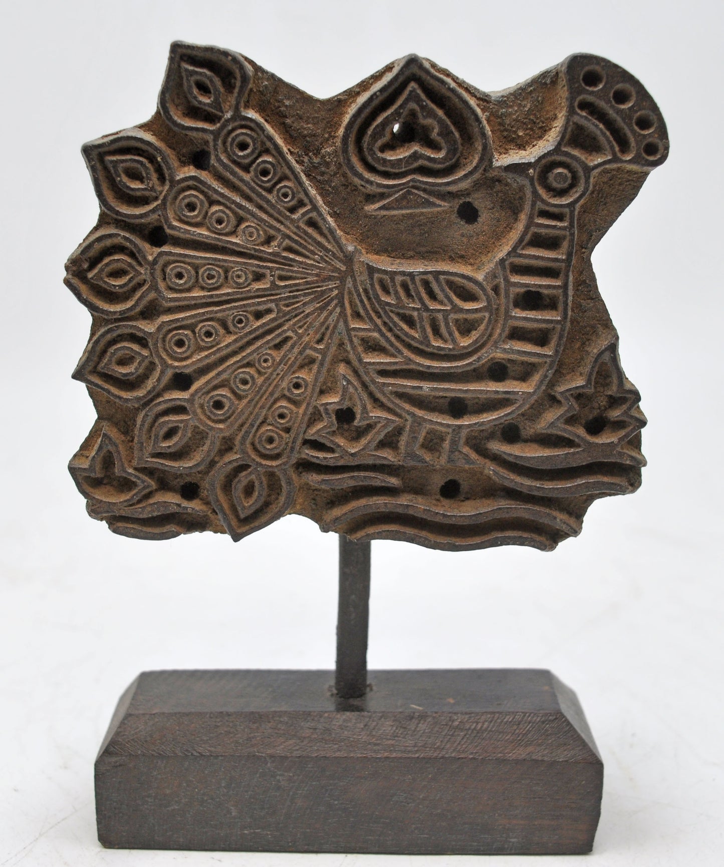 Antique Wooden Textile Printing Block Carving on Stand Original Old Fine Hand Carved