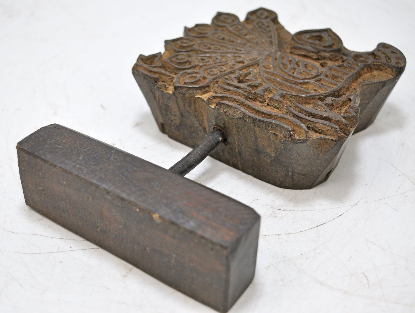 Antique Wooden Textile Printing Block Carving on Stand Original Old Fine Hand Carved