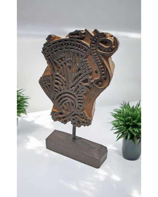 Antique Wooden Textile Printing Block Carving on Stand Original Old Fine Hand Carved