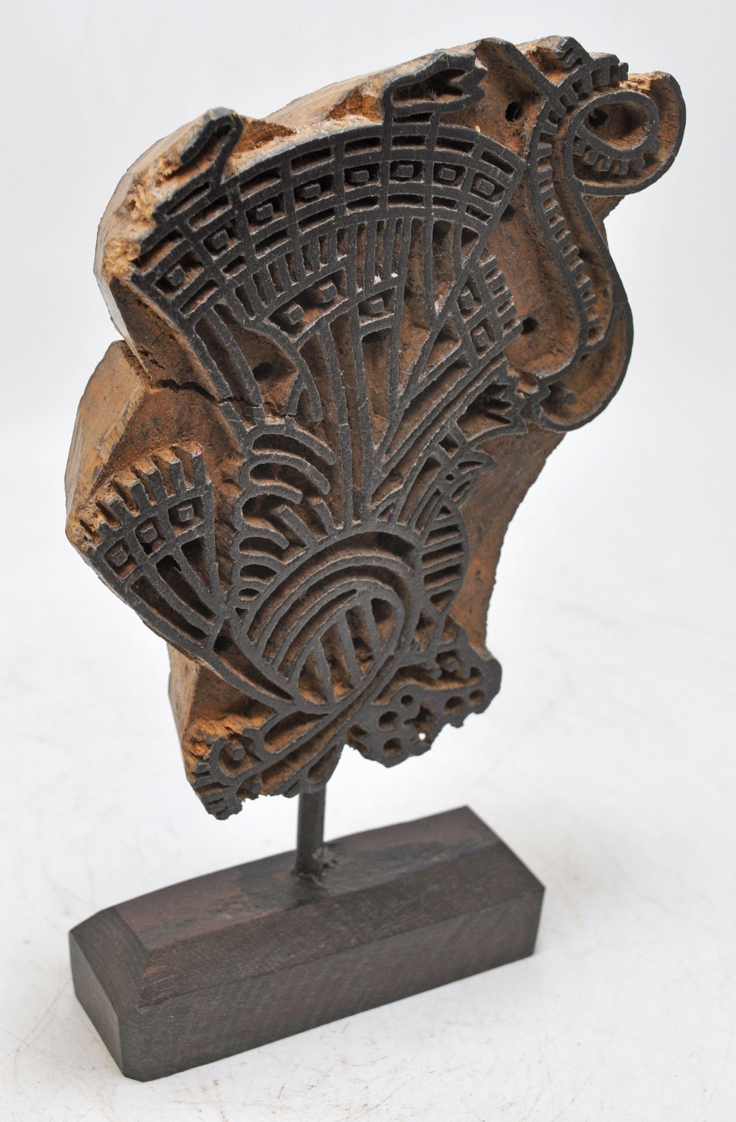 Antique Wooden Textile Printing Block Carving on Stand Original Old Fine Hand Carved