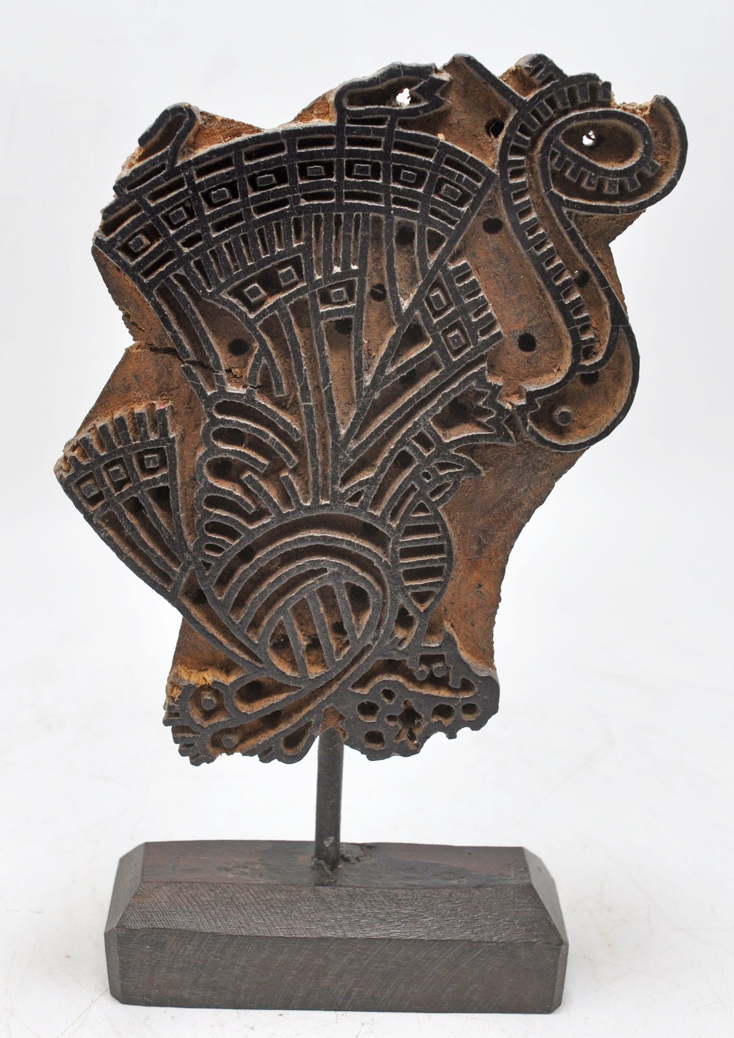 Antique Wooden Textile Printing Block Carving on Stand Original Old Fine Hand Carved