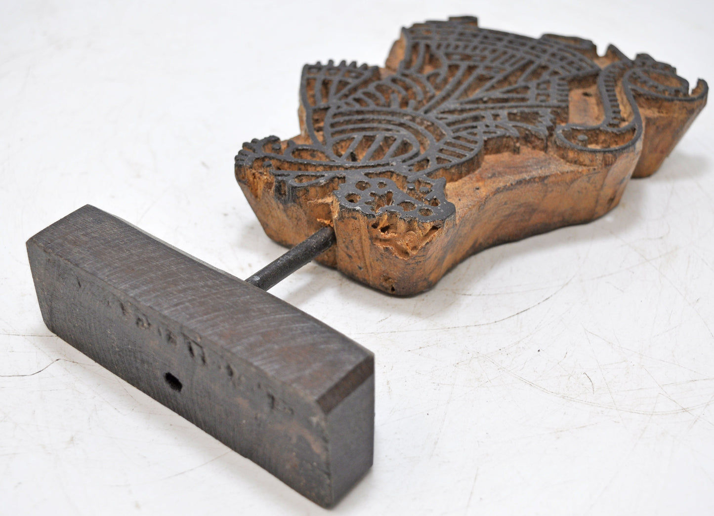 Antique Wooden Textile Printing Block Carving on Stand Original Old Fine Hand Carved