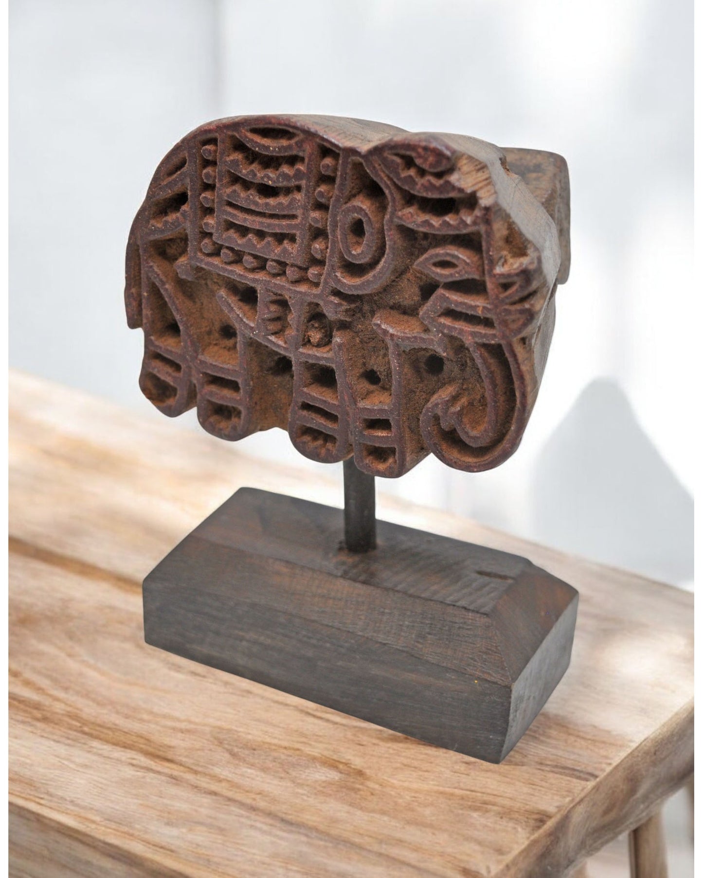 Antique Wooden Textile Printing Block Carving on Stand Original Old Fine Hand Carved