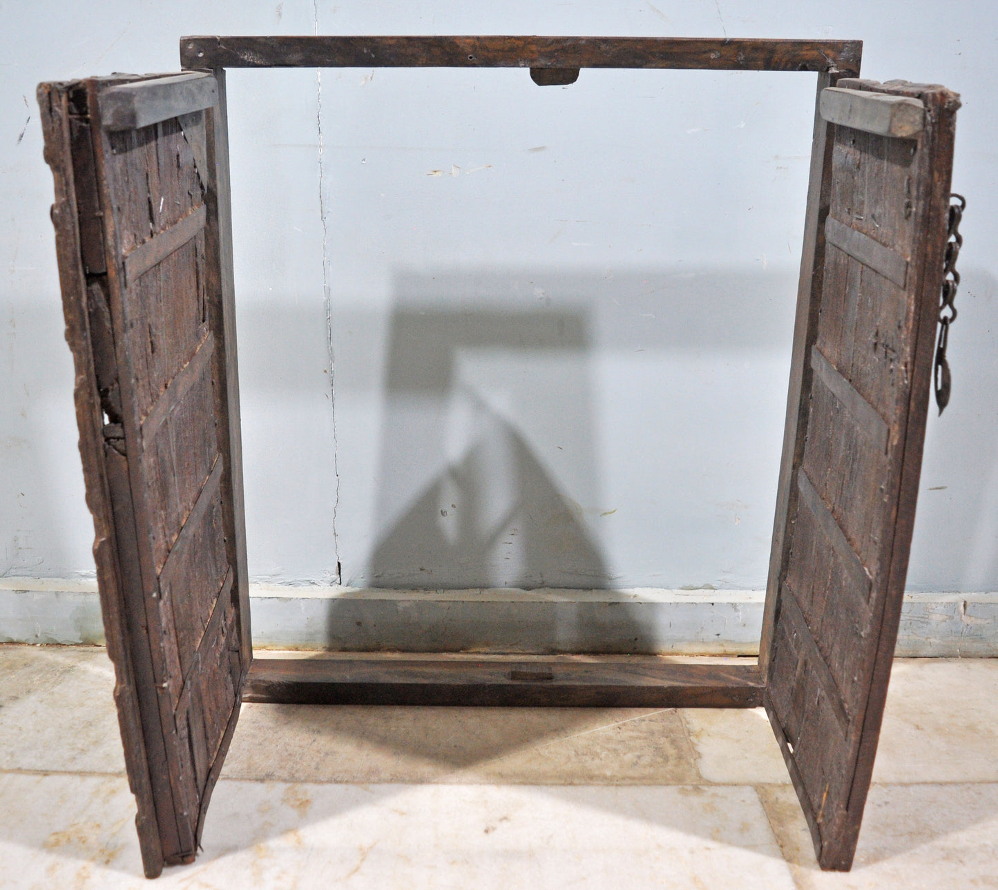 Antique Wooden Wall Décor Big Heavy Window Panel With Frame Fine Metal Fitted