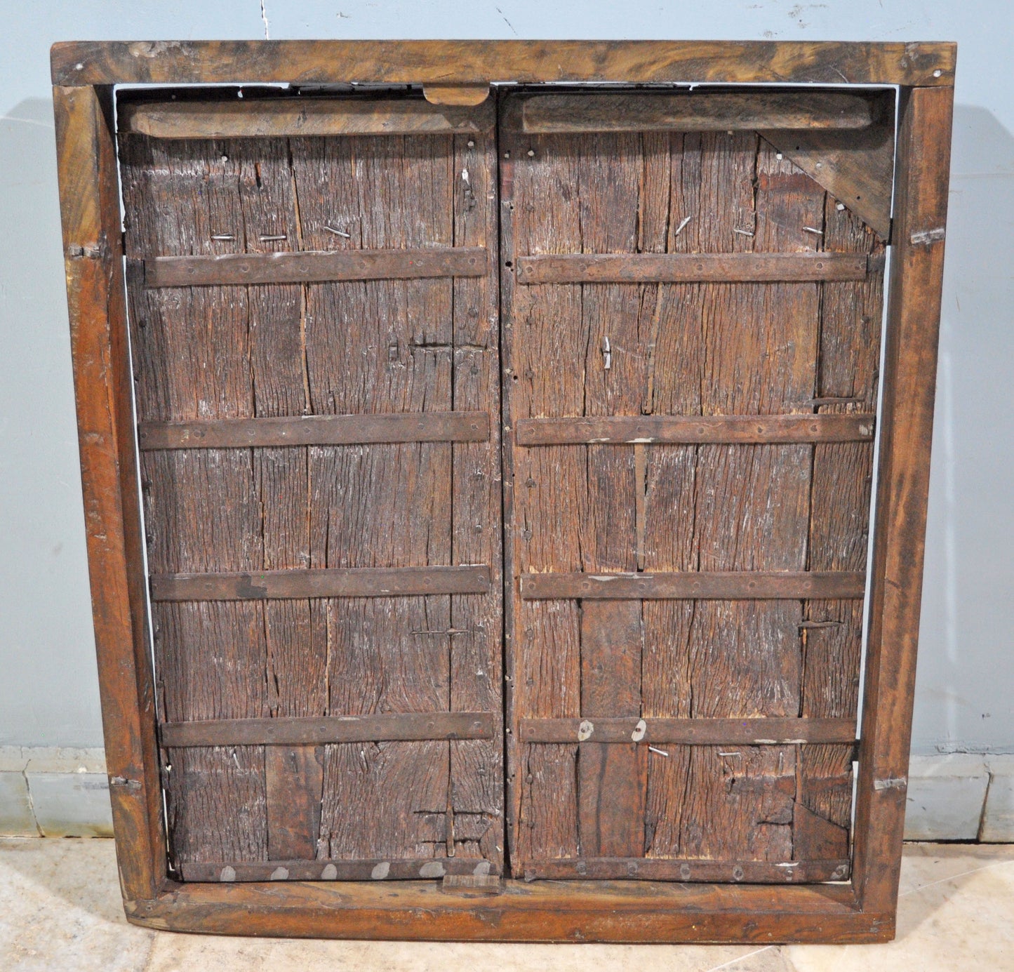 Antique Wooden Wall Décor Big Heavy Window Panel With Frame Fine Metal Fitted