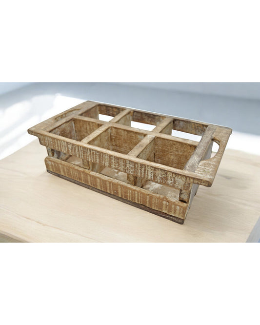 Vintage Wooden 6 Cup Tray Original Old Hand Crafted White Rustic