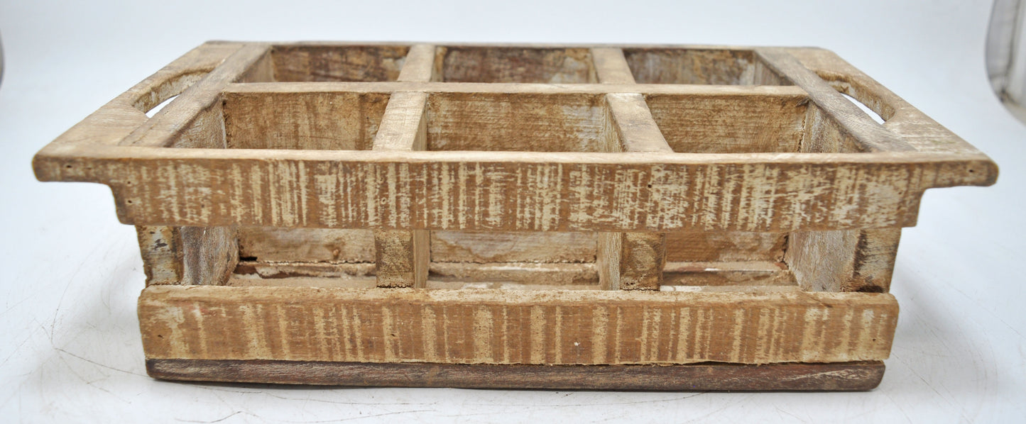 Vintage Wooden 6 Cup Tray Original Old Hand Crafted White Rustic