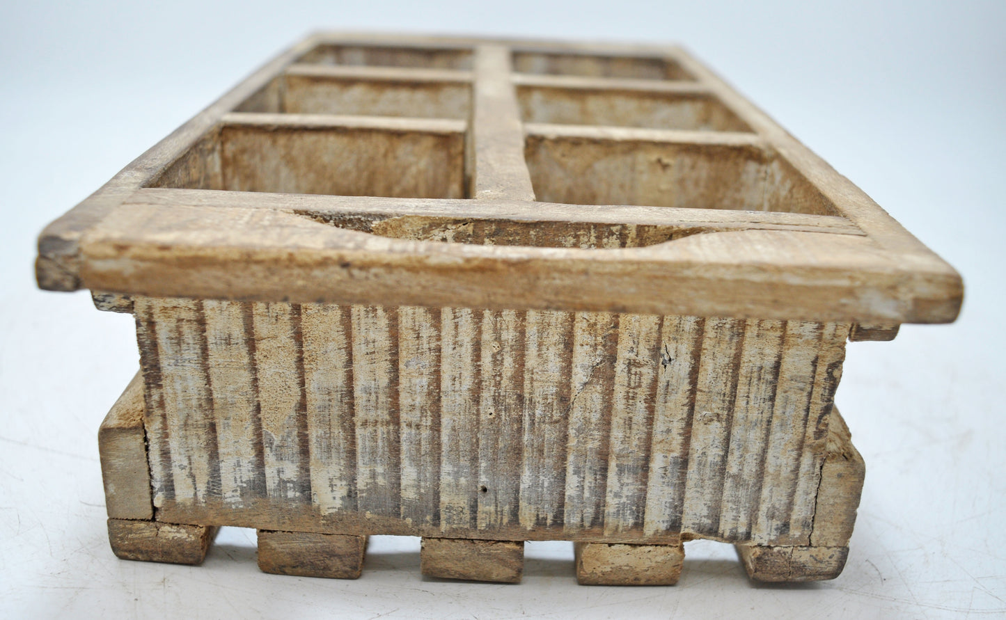 Vintage Wooden 6 Cup Tray Original Old Hand Crafted White Rustic