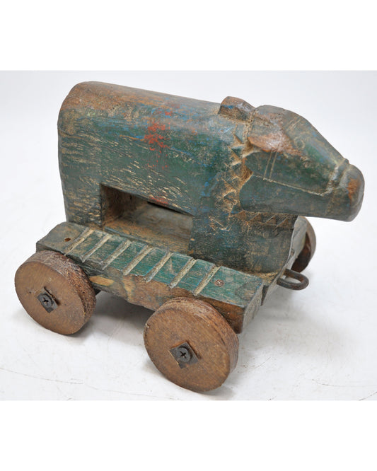 Antique Wooden Holy Cow Nandi on Wheels Figurine Original Old Fine Hand Carved