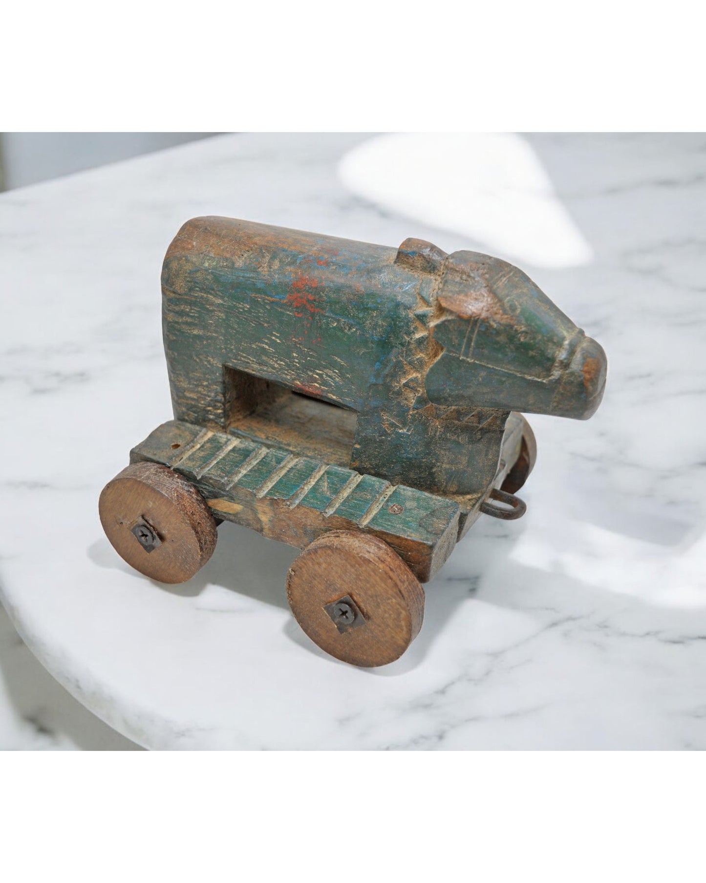 Antique Wooden Holy Cow Nandi on Wheels Figurine Original Old Fine Hand Carved