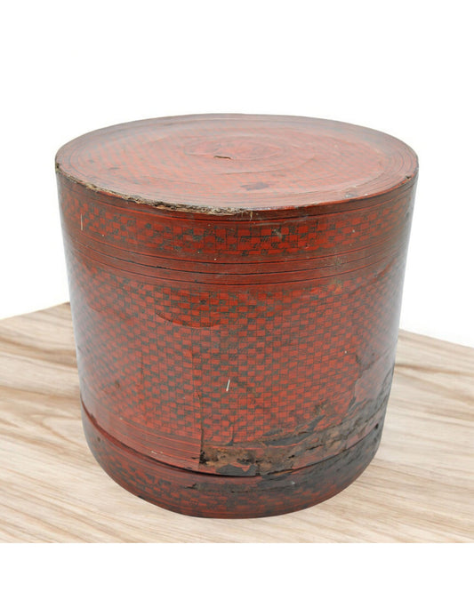 Antique Straw Round Travelling Food Box Original Old Glossy Lacquer Painted