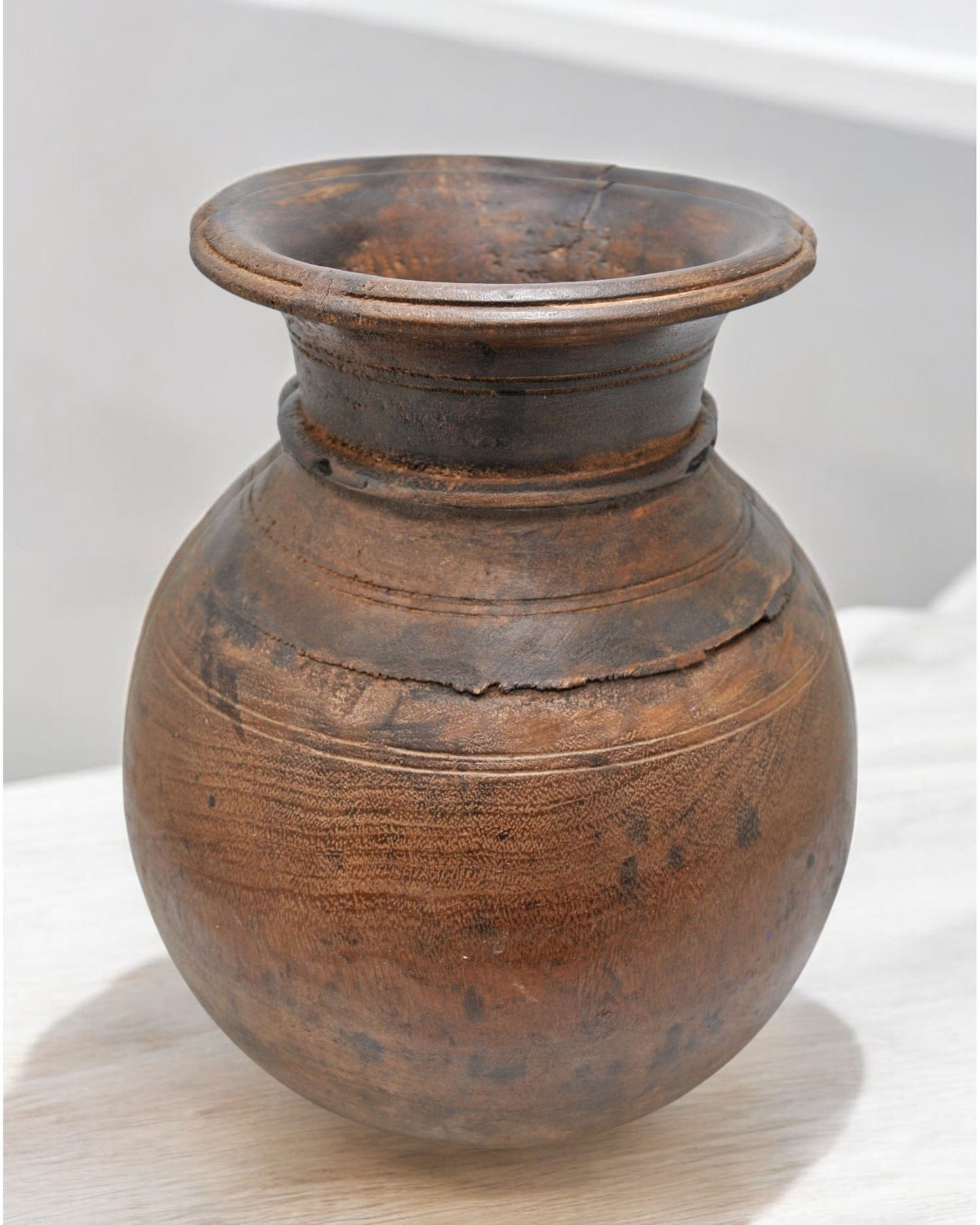 Antique Wooden Round Himalayan Water Pot Original Old Hand Carved