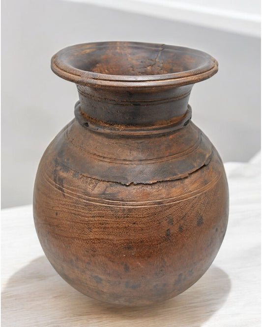 Antique Wooden Round Himalayan Water Pot Original Old Hand Carved