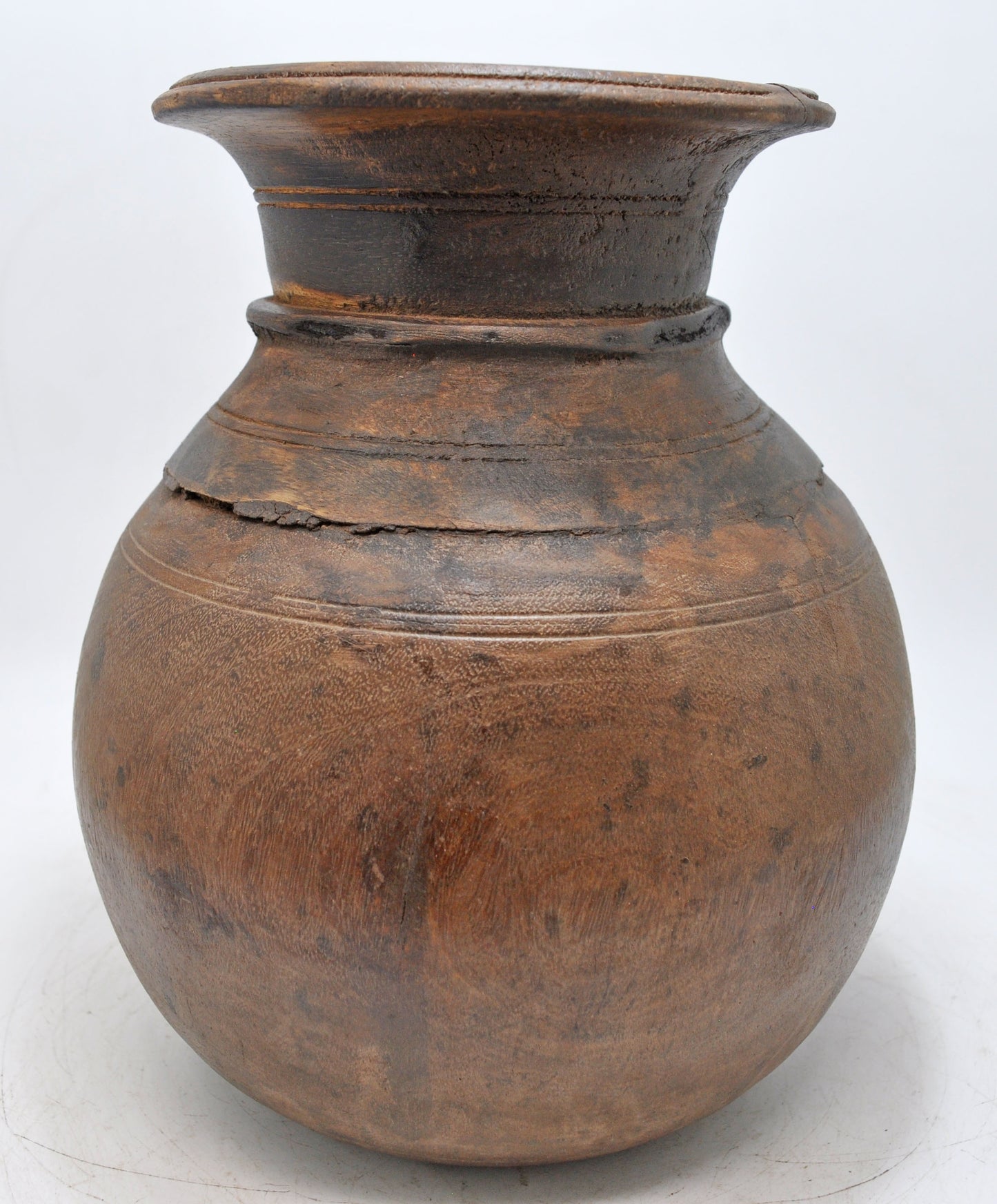 Antique Wooden Round Himalayan Water Pot Original Old Hand Carved