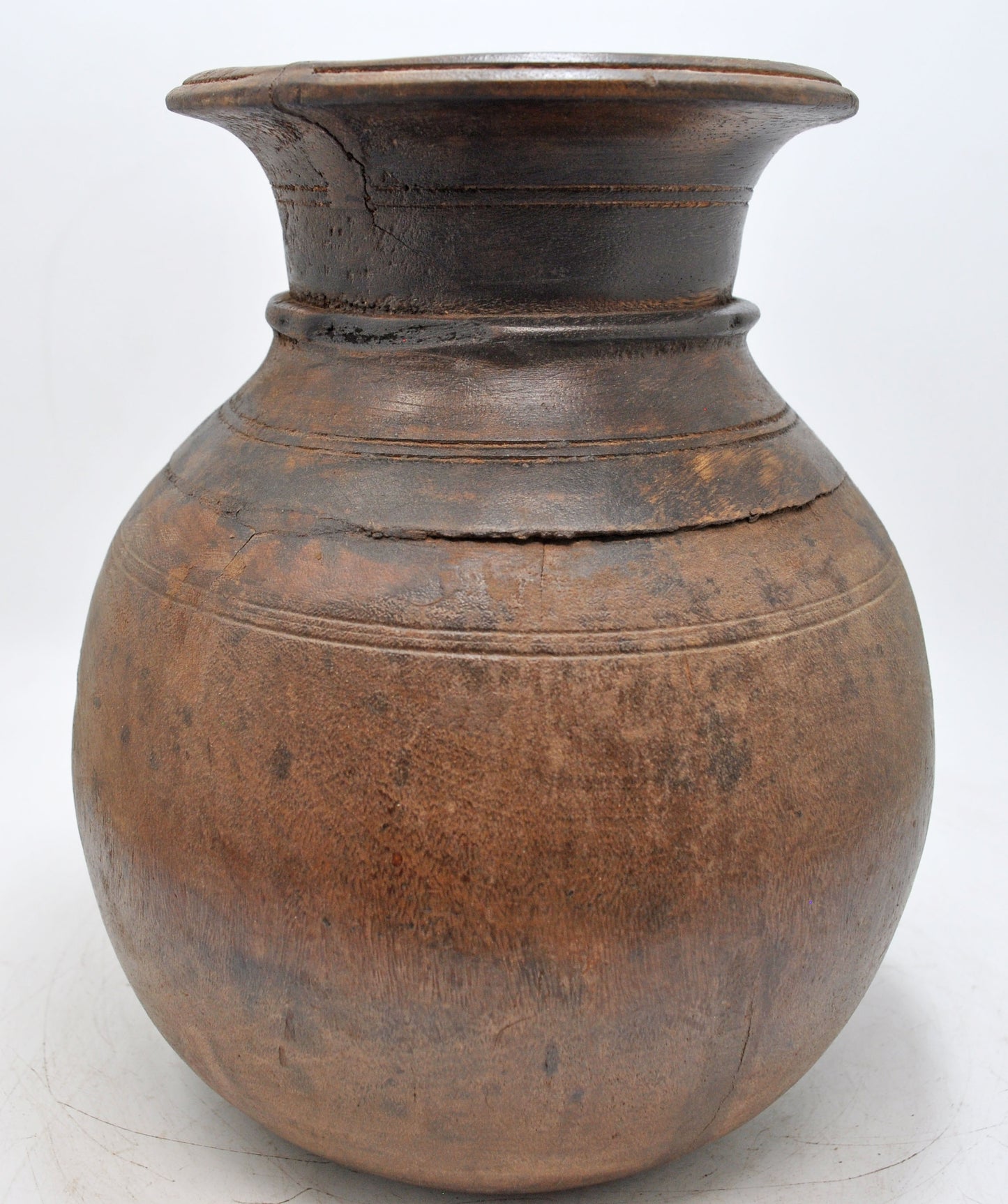 Antique Wooden Round Himalayan Water Pot Original Old Hand Carved