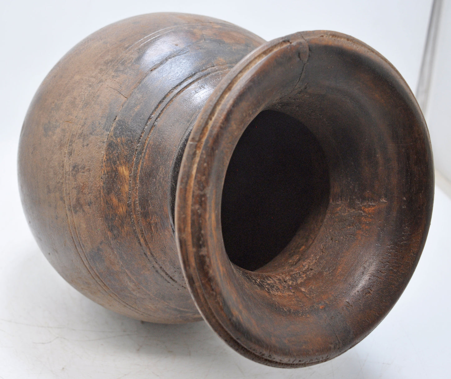 Antique Wooden Round Himalayan Water Pot Original Old Hand Carved