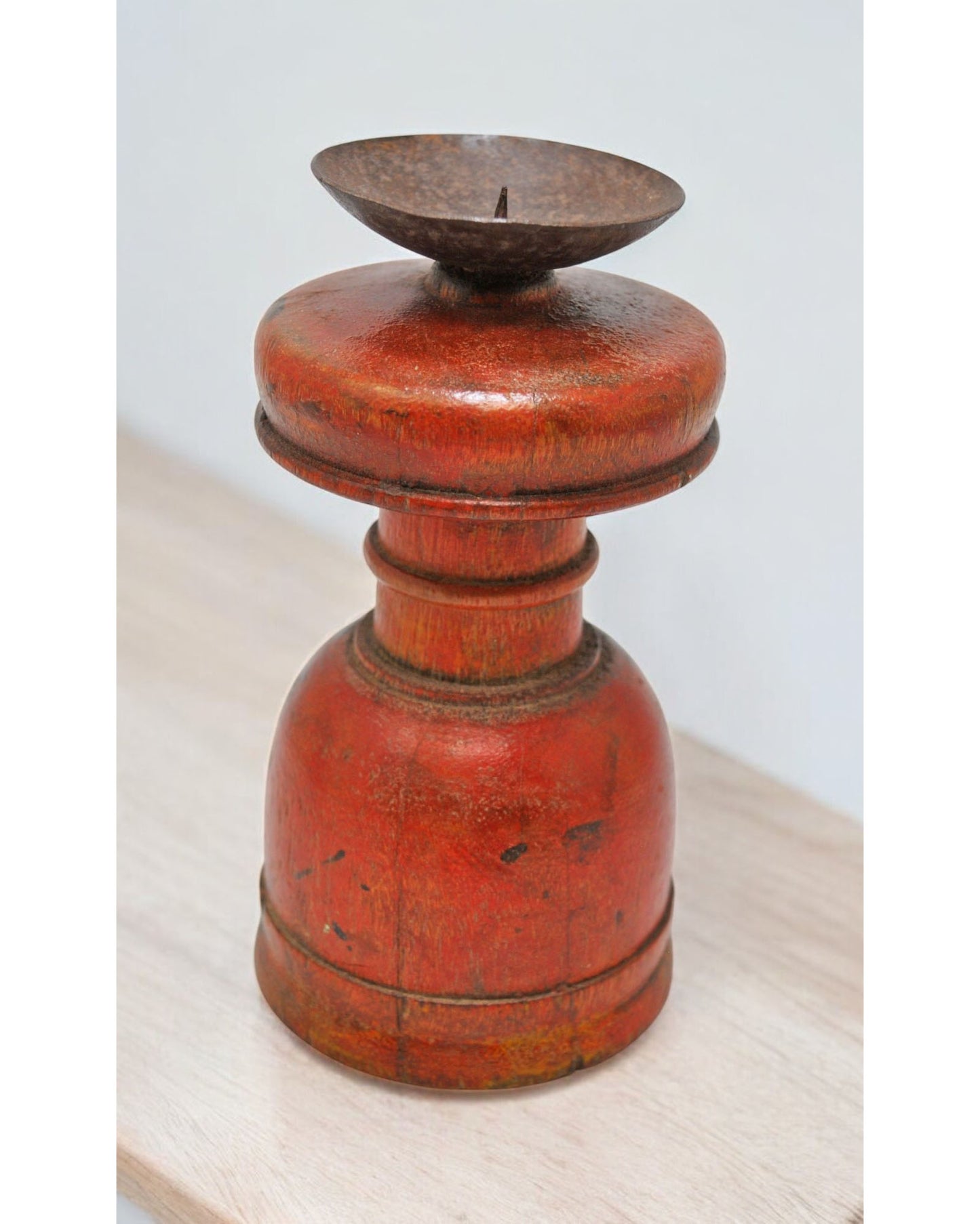 Antique Wooden Round Paga Leg Candle Holder Original Old Hand Carved Lacquer Painted