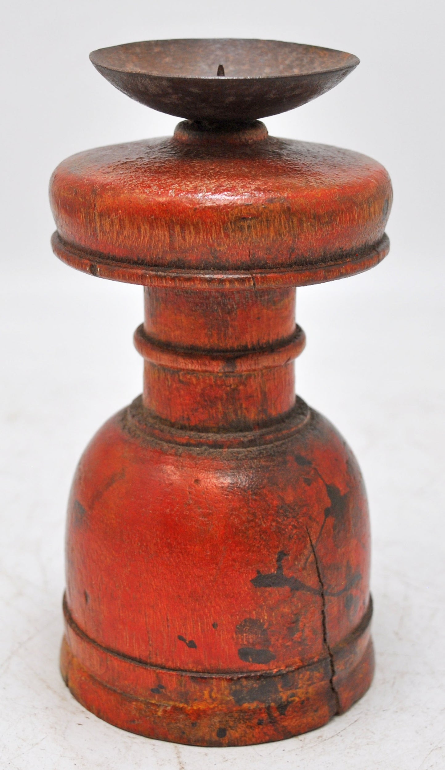 Antique Wooden Round Paga Leg Candle Holder Original Old Hand Carved Lacquer Painted