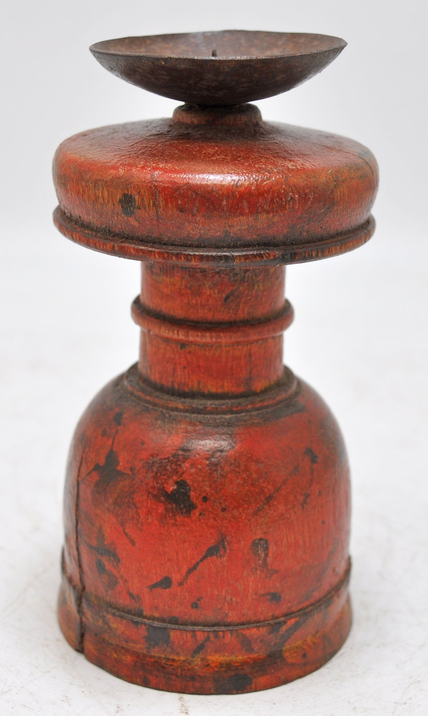 Antique Wooden Round Paga Leg Candle Holder Original Old Hand Carved Lacquer Painted