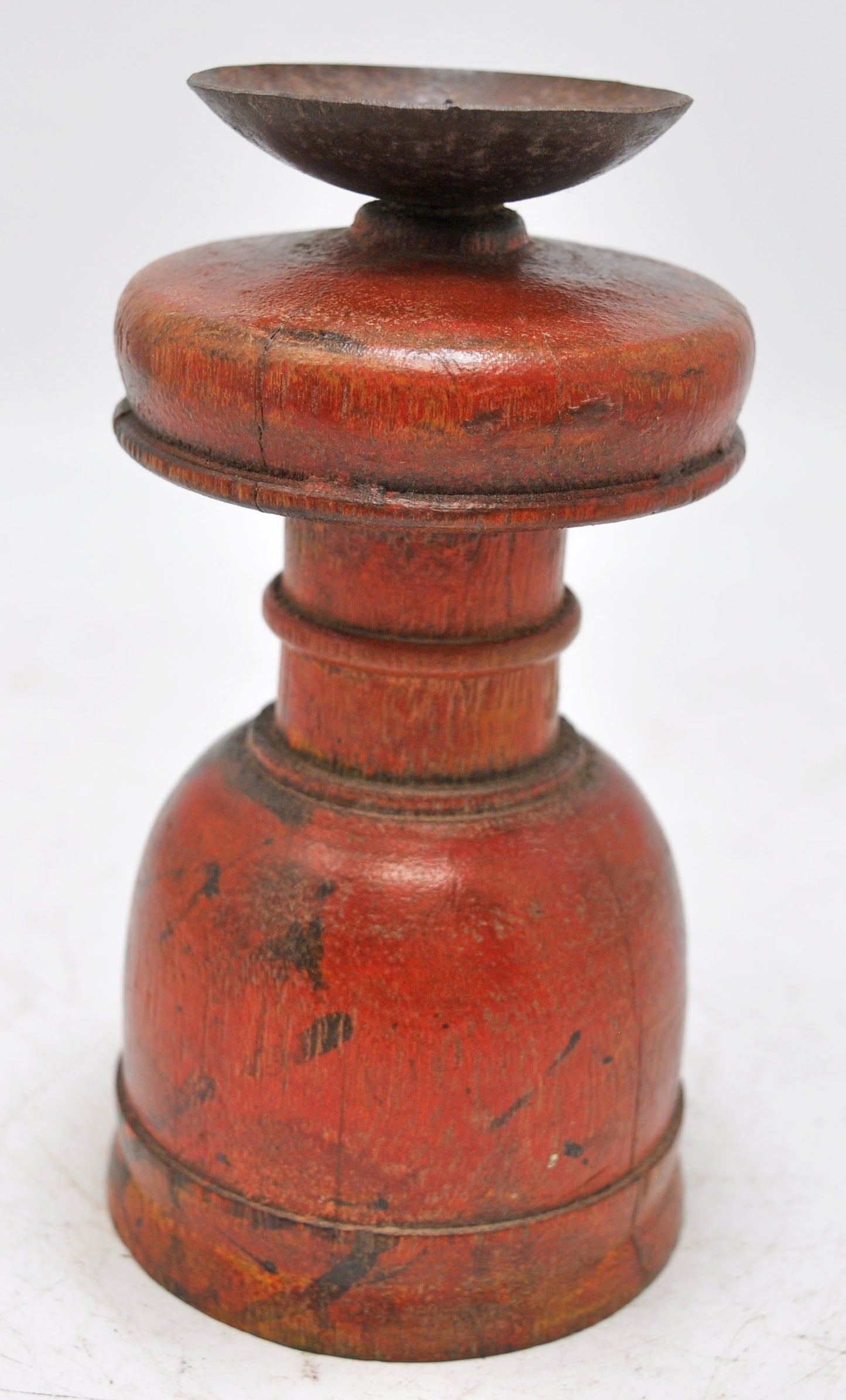 Antique Wooden Round Paga Leg Candle Holder Original Old Hand Carved Lacquer Painted