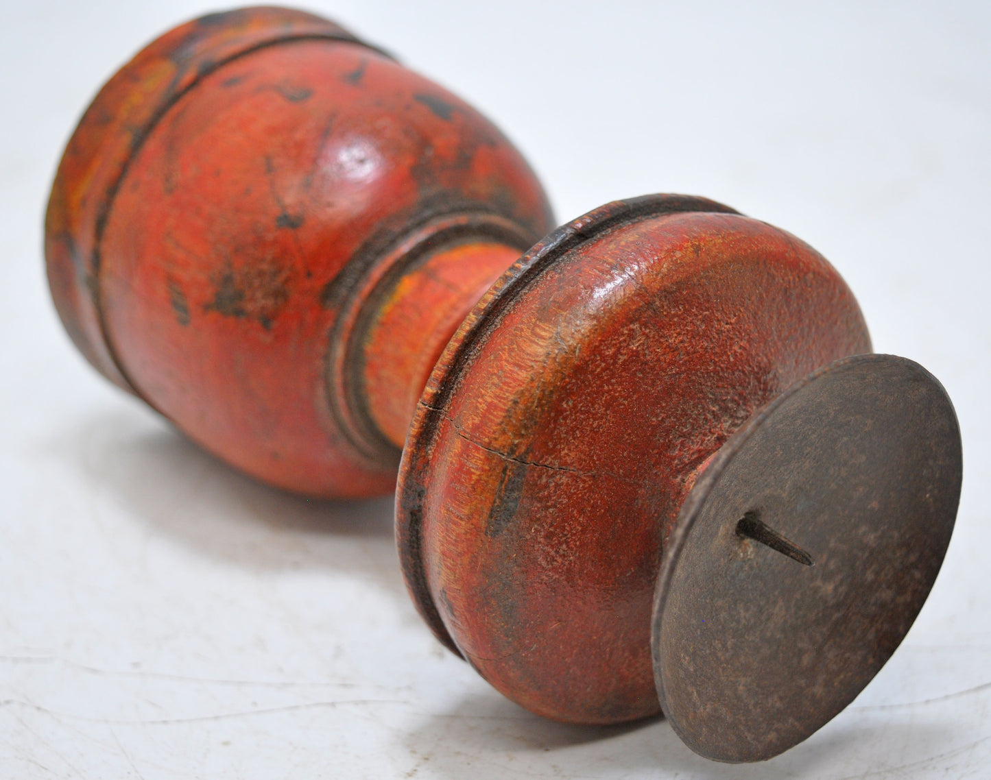 Antique Wooden Round Paga Leg Candle Holder Original Old Hand Carved Lacquer Painted