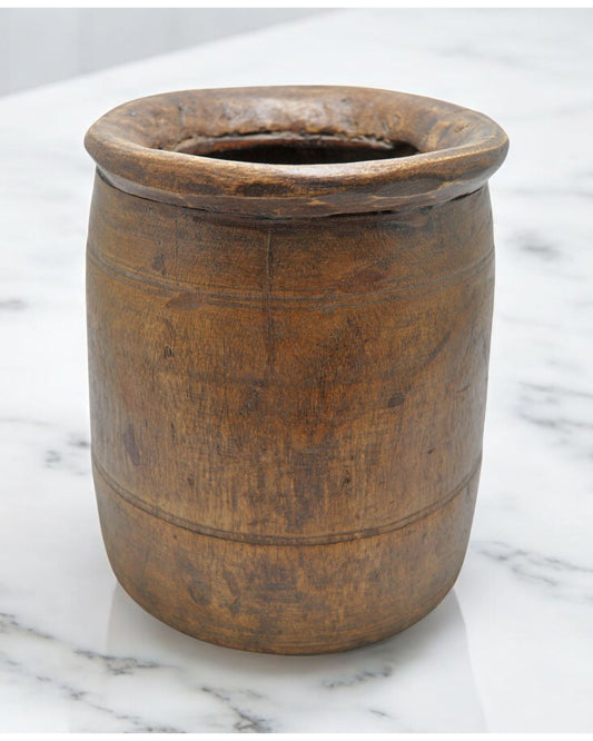 Antique Wooden Round Himalayan Water Pot Matka Original Old Hand Carved