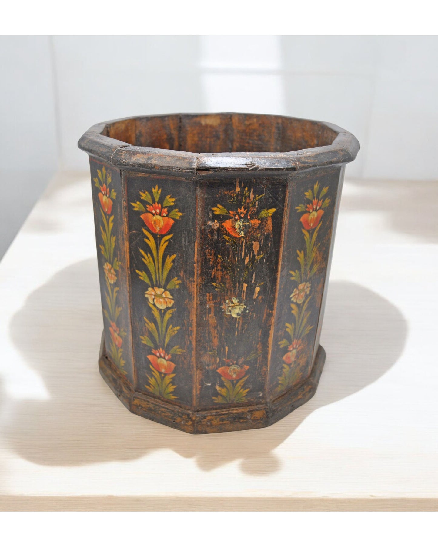 Vintage Wooden Octagonal Planter Pot Original Old Hand Crafted Painted